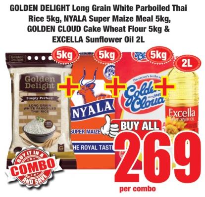 GOLDEN DELIGHT Long Grain White Parboiled Thai Rice 5 kg, NYALA Super Maize Meal 5 kg, GOLDEN CLOUD Cake Wheat Flour 5 kg & EXCELLA Sunflower Oil 2L