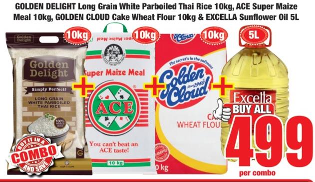 GOLDEN DELIGHT Long Grain White Parboiled Thai Rice 10 kg, ACE Super Maize Meal 10 kg, GOLDEN CLOUD Cake Wheat Flour 10 kg & EXCELLA Sunflower Oil 5L