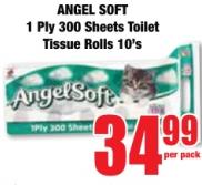 Angel Soft 1 Ply 300 Sheets Toilet Tissue Rolls 10's