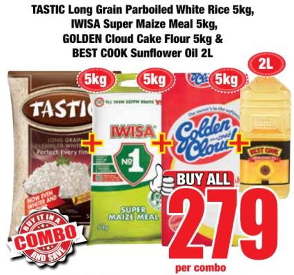 TASTIC Long Grain Parboiled White Rice 5 kg, IWISA Super Maize Meal 5 kg, GOLDEN Cloud Cake Flour 5 kg & BEST COOK Sunflower Oil 2L