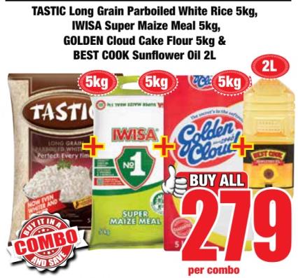 TASTIC Long Grain Parboiled White Rice 5 kg, IWISA Super Maize Meal 5 kg, GOLDEN Cloud Cake Flour 5 kg & BEST COOK Sunflower Oil 2L