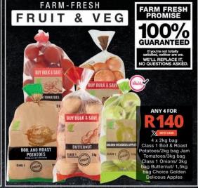 Freshmark 4x 2kg bag Class 1 Boil & Roast Potatoes/2kg bag Jam Tomatoes/3kg bag Class 1 Onions/3kg bag Buttermut/1.5kg bag Choice Golden Delicous Apples