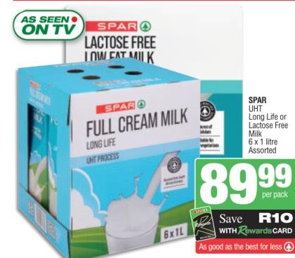 SPAR UHT Long Life or Lactose Free Milk 6 x 1 ltr Assorted  