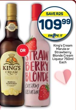 King's Cream Marula or  Strawberry Blonde Cream Liqueur 750 ml Each