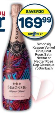 Simonsig Kaapse Vonkel Brut,  Brut Rosé, Satin Nectar or Nectar Rosé Cap Classique 750 ml Each