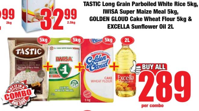 TASTIC Long Grain Parboiled White Rice 5 kg, IWISA Super Maize Meal 5 kg, GOLDEN CLOUD Cake Wheat Flour 5 kg & EXCELLA Sunflower Oil 2L