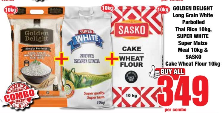 GOLDEN DELIGHT Long Grain White Parboiled Thai Rice 10 kg, SUPER WHITE Super Maize Meal 10 kg, & SASKO Cake Wheat Flour 10 kg