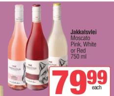 Jakkalsvlei Moscato Pink, White or Red 750 ml