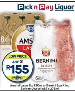 Any 2 Amstel Lager 6x330ml Or Bernini Sparkling Spritzer Assorted 6x275ml 