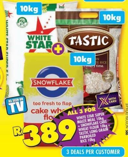 White Star Super Maize Meal 10kg + Snowflake Cake Wheat Flour 10kg + Tastic Long Grain Parboiled Rice 10kg