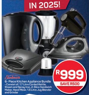 Sunbeam 6-Piece Kitchen Appliance Bundle - Consist of: 1.7 ltr Corded Kettle, Steam and Spray Iron, 2-Slice Sandwich Maker, Hand Mixer, 1.5 ltr Jug Blender and Grinder