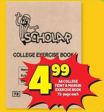 Scholar A4 College Feint & Margin Exercise Book 72-page each