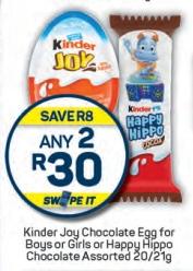 Kinder Joy Chocolate Egg or Happy Hippo Chocolate Assorted 20/21g