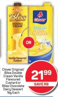 Clover Original/Bliss Double Cream Vanilla Flavoured Custard or Bliss Chocolate Dairy Dessert 1 kg Each