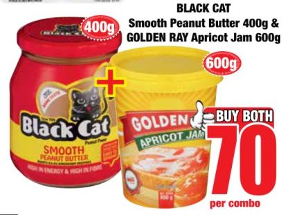 BLACK CAT Smooth Peanut Butter 400g & GOLDEN RAY Apricot Jam 600g