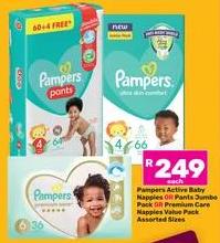 Pampers Active Baby Nappies OR Pants Jumbo Pack OR Premium Care Nappies Value Pack Assorted Sizes 