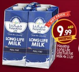 Hayatna Long Life Uht Full Fat Milk 4 x 1 ltr