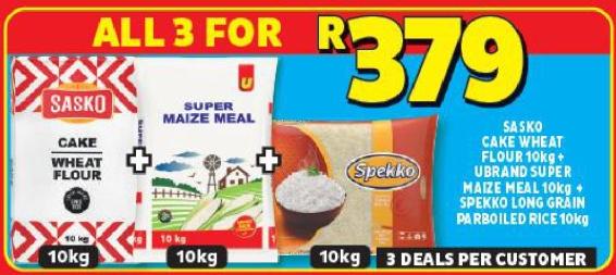 Sasko Cake Wheat Flour 10 kg + Ubrand Super Maize Meal 10 kg + Spekko Long Grain Parboiled Rice 10 kg