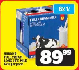 UBRAND Full Cream Long Life Milk 6x1L per pack