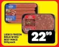 LIEBCO FROZEN BRAAI WORS/BEEF MINCE 500 gm each