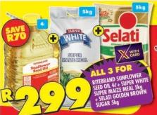 Ritebrand Sunflower Seed Oil 4L + Super White Super Maize Meal 5 kg + Selati Golden Brown Sugar 5 kg