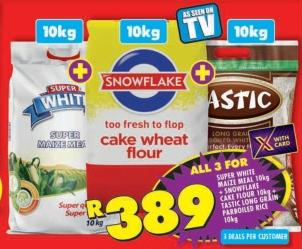 SUPER WHITE MAIZE MEAL 10kg SNOWFLAKE CAKE FLOUR 10kg- TASTIC LONG GRAIN PARBOILED RICE 10kg