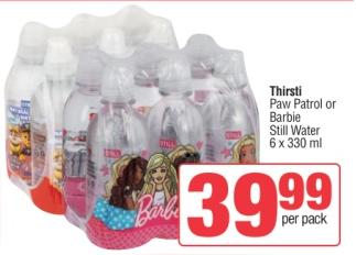 Thirsti Paw Patrol or Barbie Still Water 6 x 330 ml  