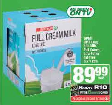 Spar UHT Long Life Milk, Full Cream, Low Fat or Fat-Free 6x1 ltr