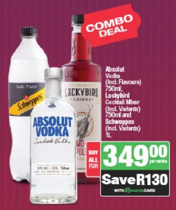 Absolut Vodka (Incl. Flavours) 750 ml, Luckybird Cocktail Mixer (Incl. Variants) 750 ml and Schweppes (Incl. Variants) 1L