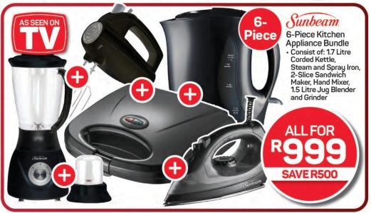 Sunbeam 6-Piece Kitchen Appliance Bundle - Consist of 1.7 ltr Corded Kettle, Steam and Spray Iron, 2-Slice Sandwich Maker, Hand Mixer, 1.5 ltr Jug Blender and Grinder