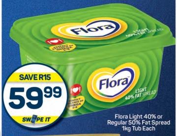 Flora Light 40% or Regular 50% Fat Spread 1 kg Tub Each