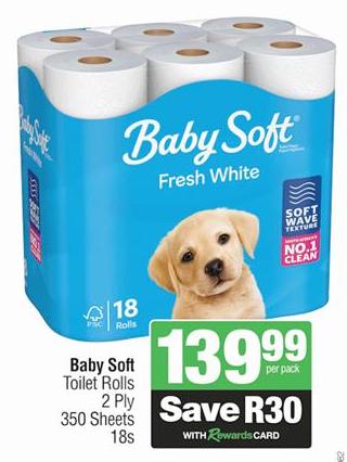 Baby Soft Toilet Rolls 2 Ply 350 Sheets 18s