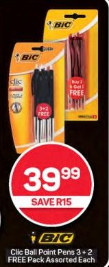 BIC Clic Ball Point Pens 3 + 2 FREE Pack Assorted Each