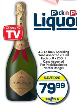 J.C. Le Roux Sparkling Wine Assorted 750 ml Each or 6 x 250 ml Cans Assorted Per Pack (Excludes Nectar Range)