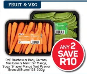 Any 2 PnP Rainbow or Baby Carrots, Mini Corn or Mini Corn Mange, Sugar Snap or Mange Tout Peas or Broccoli Stems 125-300 gm