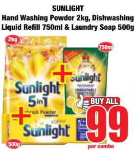 Sunlight Hand Washing Powder 2 kg, Dishwashing Liquid Refill 750 ml & Laundry Soap 500g