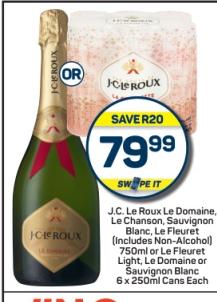 J.C. Le Roux Le Domaine, Le Chanson, Sauvignon Blanc, Le Fleuret (Includes Non-Alcohol) 750 ml or Le Fleuret Light, Le Domaine or Sauvignon Blanc 6x250ml Cans Each