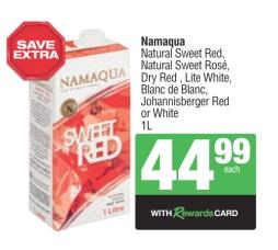 Namaqua Natural Sweet Red, Natural Sweet Rosé, Dry Red, Lite White, Blanc de Blanc, Johannisberger Red or White 1L