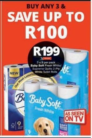 Baby Soft Fresh White/Supreme Quilts 2-Ply White Toilet Rolls 3 x 9 per pack Any 3