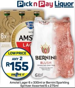 Amstel Lager 6 x 330ml or Bernini Sparkling Spritzer Assorted 6 x 275ml Any 2