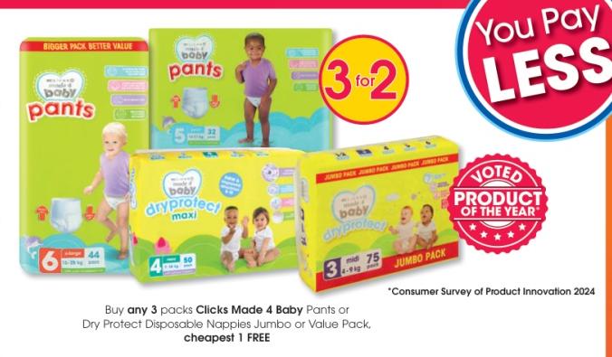 Buy any 3 packs Clicks Mode 4 Baby Dry Protact Deprosable Nappies Jumbo or Value Pack cheapest 1 FREE