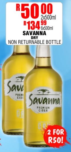 SAVANNA DRY NON RETURNABLE BOTTLE 6x500ml