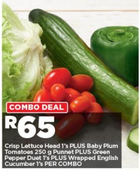 Crisp Lettuce Head, Baby Plum Tomatoes 250 gm Punnet, Green Pepper Duet, Wrapped English Cucumber 