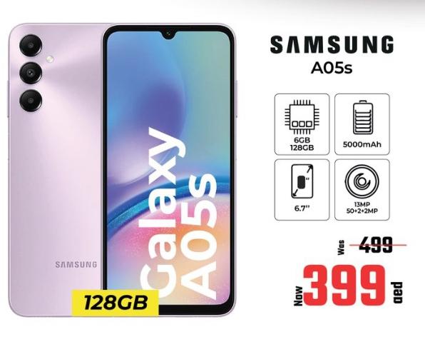 Samsung Galaxy A05s 128GB, 6.7-inch display, 5000mAh battery, 13MP front camera, 50+2+2MP rear cameras